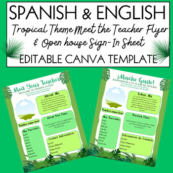 Preview of Tropical Meet the Teacher Spanish & English Flyer |Sign in Sheet Template