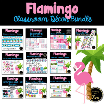 Preview of Tropical Pink Flamingo Classroom Decor Bundle