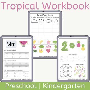 Preview of Morning Work Bundle with Tropical Decor and Vocab for Preschool and Kindergarten