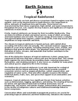 Preview of Tropical Rainforest Article & Questions (Word Document)