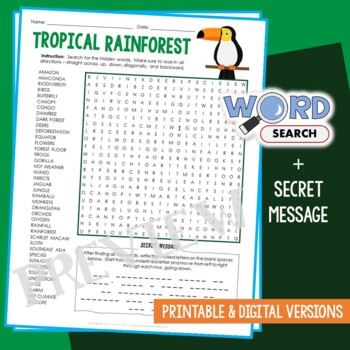Preview of Biome/Ecosystem Tropical Rainforest WordSearch Animal Habitat Activity Worksheet