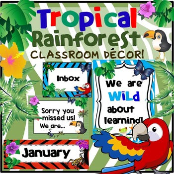 Preview of Safari Classroom Decor Tropical Rainforest Editable Jungle Classroom Decor