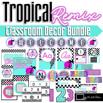Preview of Tropical Remix Classroom Decor Bundle || Retro Neon Vibes Theme Decor Growing!