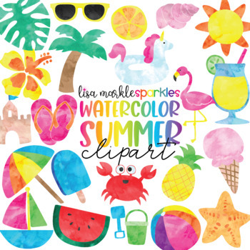 Preview of Tropical Summer Clipart with Flamingo Watermelon Pineapple Flipflops Watercolor