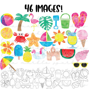 Tropical Summer Clipart with Flamingo Watermelon Pineapple Flipflops ...