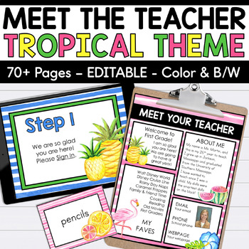 Preview of Tropical Watercolor Theme Meet the Teacher EDITABLE Templates - Open House