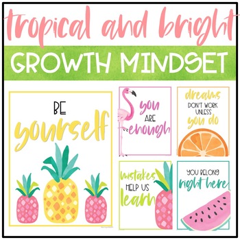 Preview of Tropical and Bright Classroom Decor: GROWTH MINDSET POSTERS