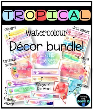 Preview of Tropical watercolour themed decor MEGA bundle!