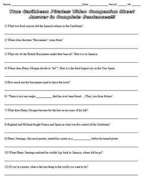 Preview of True Caribbean Pirates History Channel Documentary Companion Worksheet