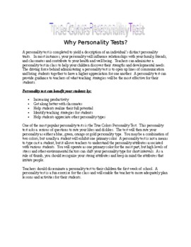 Preview of True Colors Personality Test (Editable & Fillable assessment)