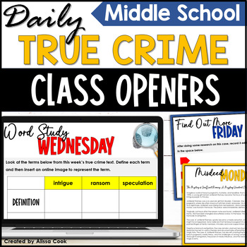 Preview of True Crime Middle School Bell Ringers | ELA Class Openers | Back to School