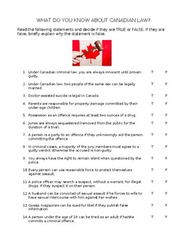 Preview of True/False Intro to Canadian Law Activity - (Civics, Law, Government)