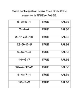 Preview of True False Math Equations