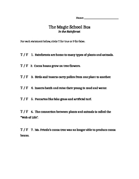 True/False Question Sheet for The Magic School Bus - In the Rainforest