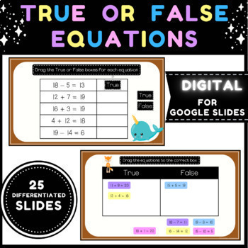 Preview of True False equations within 20 and 10 Google Slides Equal sign