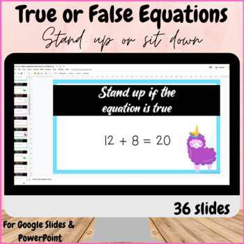 Preview of True False equations within 20 and 10 Google Slides Stand up or sit down game