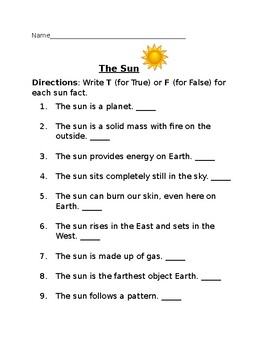 Preview of True or False Facts about the Sun
