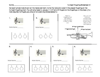 Preview of Trumpet Fingering Worksheet for Band Beginners