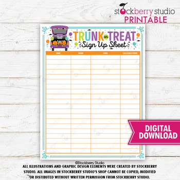 Preview of Trunk or Treat Car Volunteer Sign Up Sheet Form Printable Kids Halloween Party