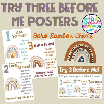 Preview of Try Three Before Me Posters (Ask Three) Boho Rainbow Theme neutral colors