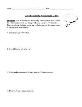 Preview of Tuck Everlasting: Anticipation Guide (Novel Preparation) Questions