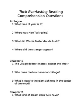 Preview of Tuck Everlasting Reading Comprehension Questions and Answers