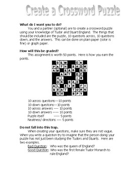 Tudor/Stuart Crossword Project by Toto ly Awesome Teaching Tools