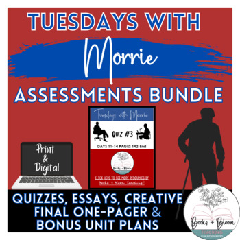 Preview of Tuesdays with Morrie Assessments Bundle: Quizzes, Essays, One-Pager, BONUS Plans