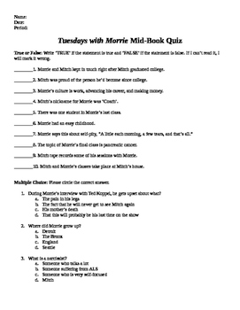 Preview of Tuesdays with Morrie Mid Book Test & Answer Key
