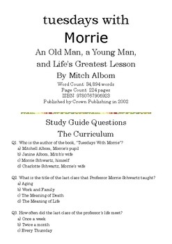 Preview of Tuesdays with Morrie by Mitch Albom; Multiple-Choice Study Guide Quiz