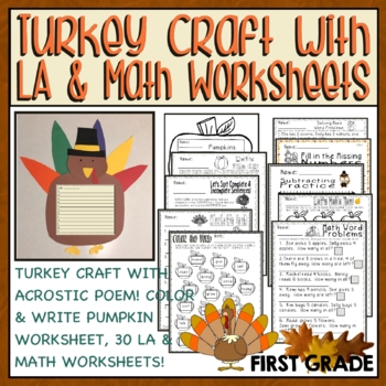 Preview of Turkey Craft with LA & Math Worksheets / First Grade