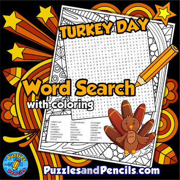Preview of Turkey Day Word Search Puzzle Activity Page with Coloring | Thanksgiving