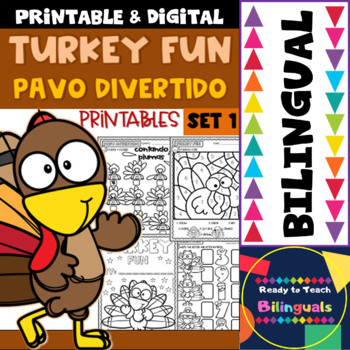 Preview of Turkey Fun - Pavo Divertido - No-Prep Printables - Set 1 - Bilingual