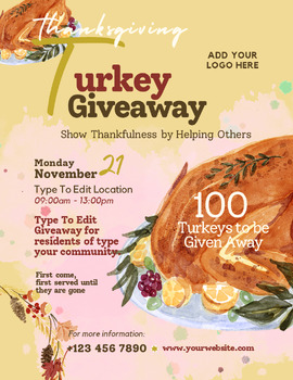Preview of Turkey Giveaway & Food Drive Flyers (4) Fully Customize your Flyer Ready to Edit