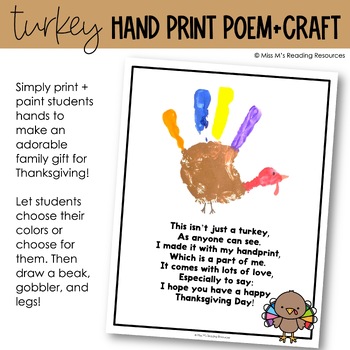 Turkey Handprint Poem Thanksgiving Craft by Miss M's Reading Resources