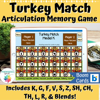Preview of Turkey Match Boom Cards™ Articulation Memory Game Thanksgiving Speech Therapy