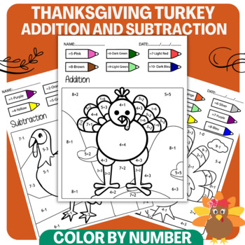 Preview of Turkey Math Thanksgiving Color by Number Thanksgiving Math Addition- Subtraction