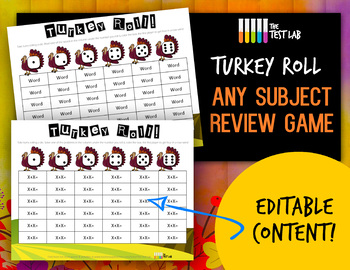 Preview of Turkey Roll Any Subject Review Game Thanksgiving Homework Worksheet