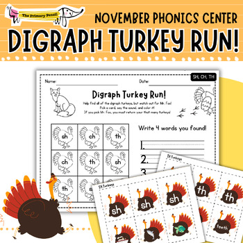 Preview of Turkey Run! Digraph Phonics Center | November Phonics Game for K-1 Literacy