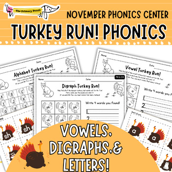 Preview of Turkey Run! Phonics Center Bundle | Letter ID, Digraphs, & Vowels Game K-1