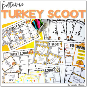 Preview of Turkey Scoot Math and Literacy Task Cards Thanksgiving Math