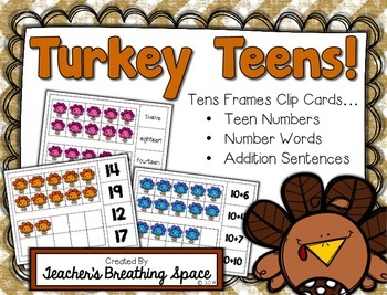 Preview of Turkey Tens Frames  |  Turkey Teen Numbers Math Center Clip Cards