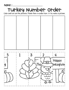 Turkey Thanksgiving Number Order Cut & Paste Scene Preschool Worksheets