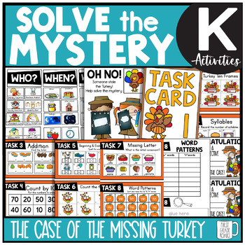 Preview of Turkey Thanksgiving Solve the Mystery Math & ELA Task Card Activity Kindergarten