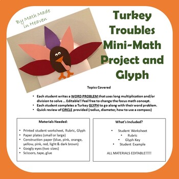 Preview of Turkey Trouble Mini-Math Project - word problems, glyphs, circles, 3rd - 5th