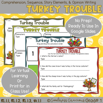 Preview of Turkey Trouble Sequence, Story Elements, Comprehension, and Opinion Writing