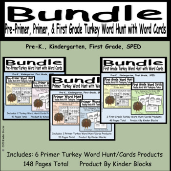 Preview of Turkey Word Find & Word Card Bundle - Pre-Primer, Primer, and First Grade Words