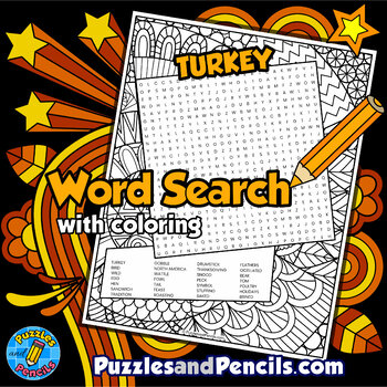 Preview of Turkey Word Search Puzzle Activity Page with Coloring | Thanksgiving