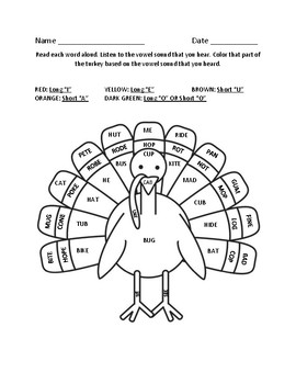 turkey word work coloring sheet with short and long vowel