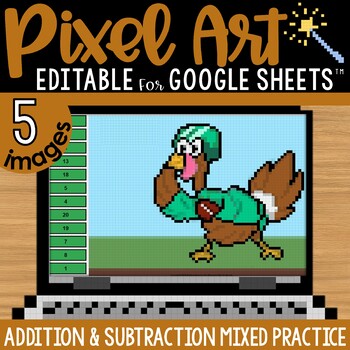 Preview of Turkey in Disguise Thanksgiving Pixel Art Mixed Practice Addition & Subtraction